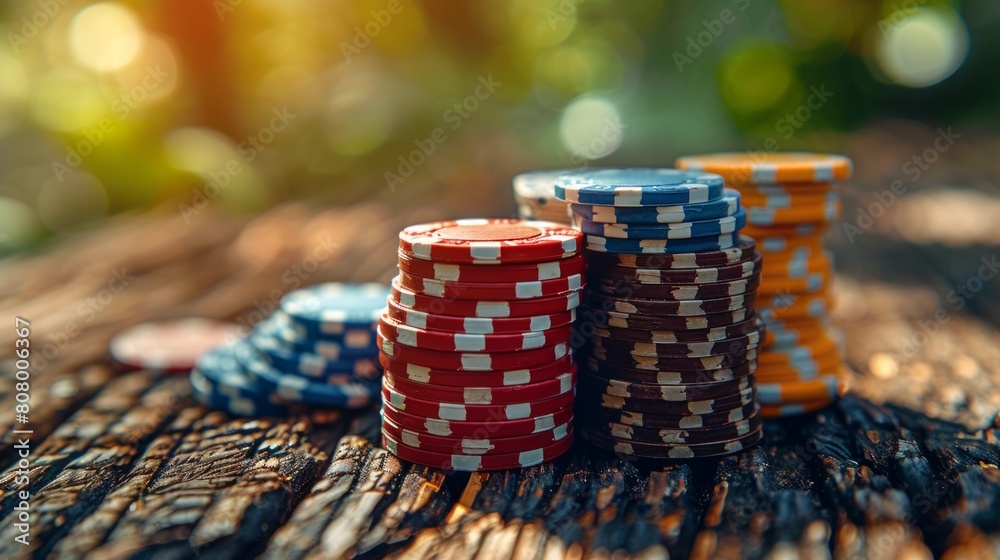 Stacked poker chips on a rustic wooden table outdoors. Stacked poker chips on a rustic wooden table outdoors.