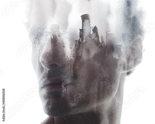 An artistic ink paintography portrait of a man looking to the side