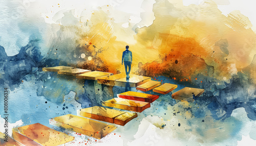 A man walks across a bridge with a watercolor painting of the scene photo