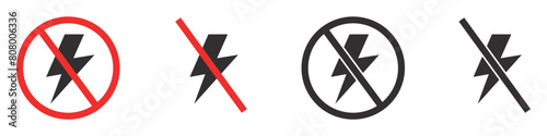Set of no electricity signs. No lightning symbol, ban. Blackout icons, power outage, bright warning. Vector. EPS10.