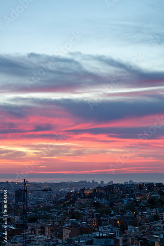 dawn, colored sky, morning city, mountains, houses