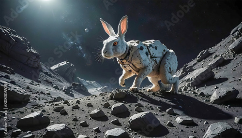 White rabbit on the background of the planet.