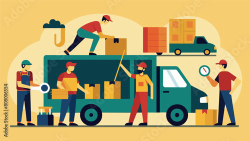 With practiced efficiency they began unloading and organizing the necessary tools and machinery for the days work ahead.. Vector illustration