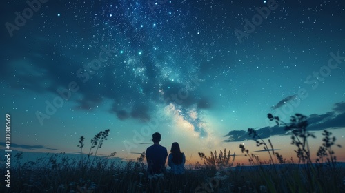 Elderly couple standing together in a meadow looking up at a breathtaking starry sky