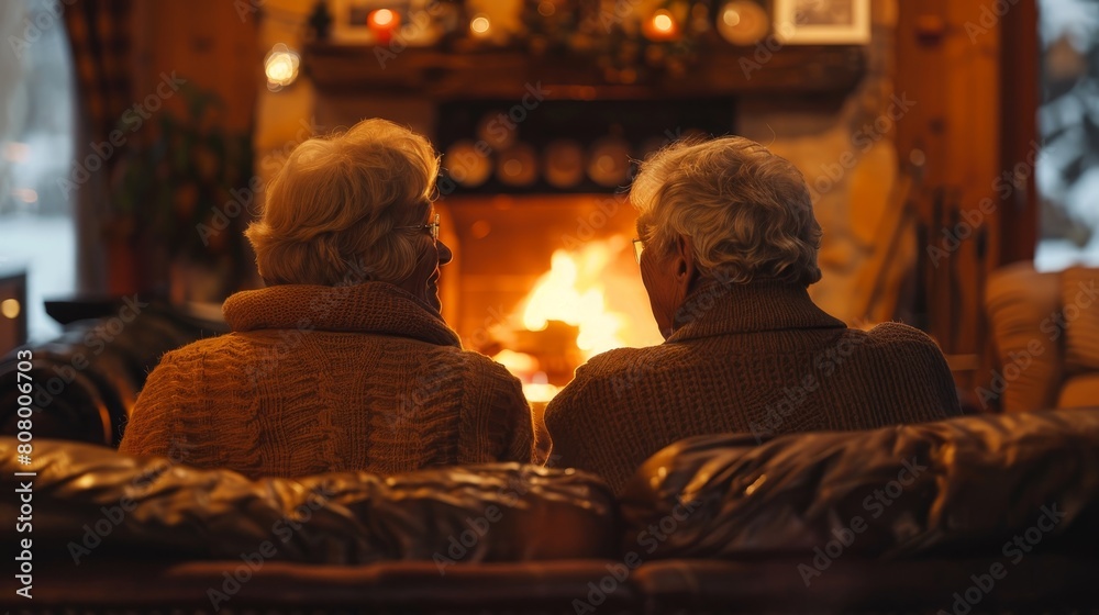 Elderly couple sitting together in front of a warm fireplace in a cozy, decorated living room