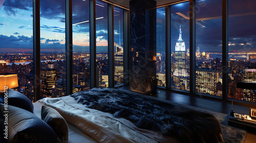 A penthouse bedroom at the pinnacle of urban sophistication, featuring a wall-to-wall, floor-to-ceiling glass window that offers an unobstructed view of the city's nocturnal majesty.  photo