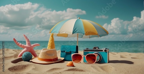 Retro camera and sunglasses on the beach. Travel and vacation concept photo