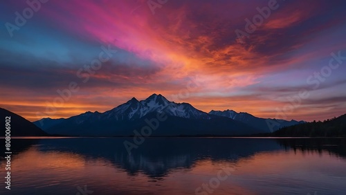 Mountains reflected in the lake at sunrise. 