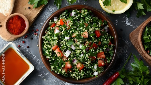 Colorful Quinoa Tabbouleh Salad with Traditional Arabic Ingredients: A Bird's Eye View. Concept Food Photography, Middle Eastern Cuisine, Vibrant Colors, Authentic Recipes, Culinary Arts