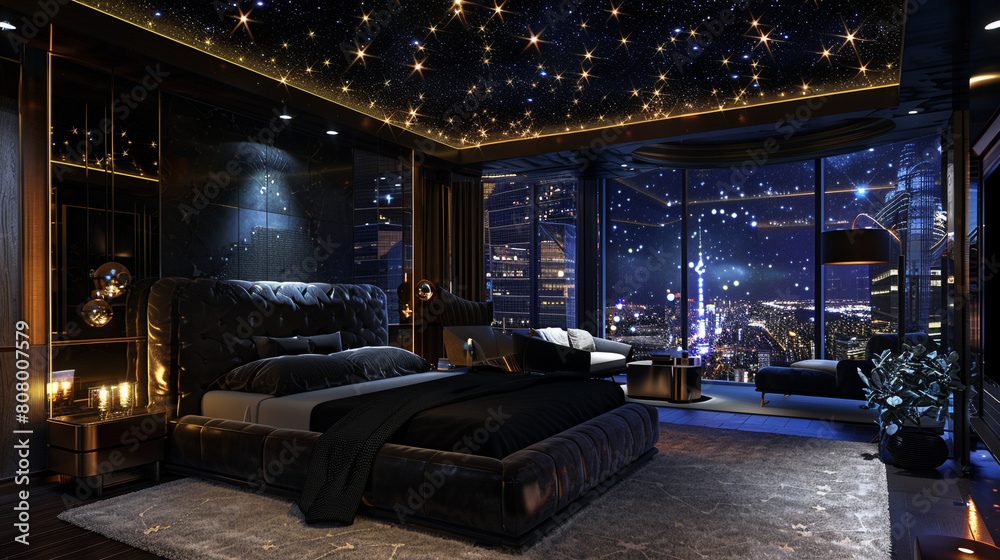 A penthouse bedroom that captures the essence of the night sky, with a custom, star-patterned ceiling that gently illuminates the dark, opulent space.