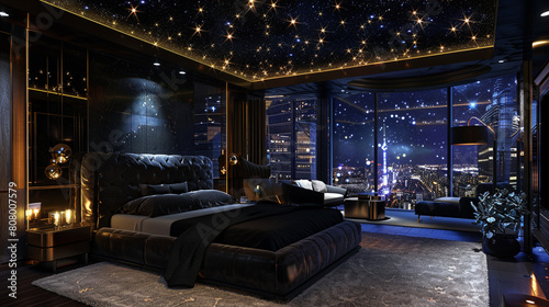 A penthouse bedroom that captures the essence of the night sky, with a custom, star-patterned ceiling that gently illuminates the dark, opulent space.