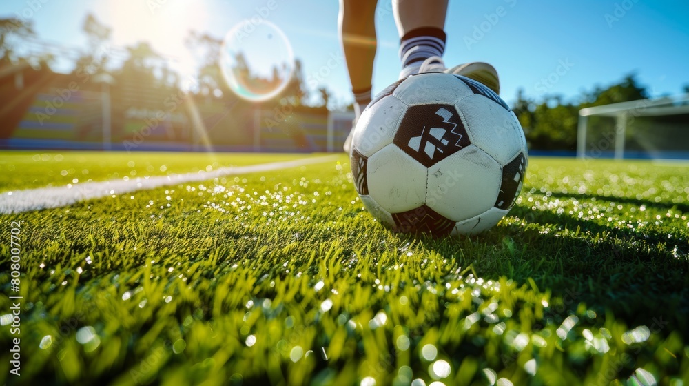 Φωτογραφία A soccer ball on a field with the feet of someone walking towards it, AI