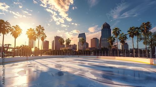 Illuminated Outdoor Hockey Rink with Dazzling Tampa Bay Skyline in the Background photo