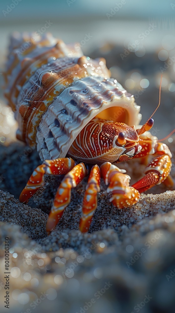 A hermit crab selecting a new shell, a mobile home on sandy shores. A hermit crab selecting a new shell, a mobile home on sandy shores.