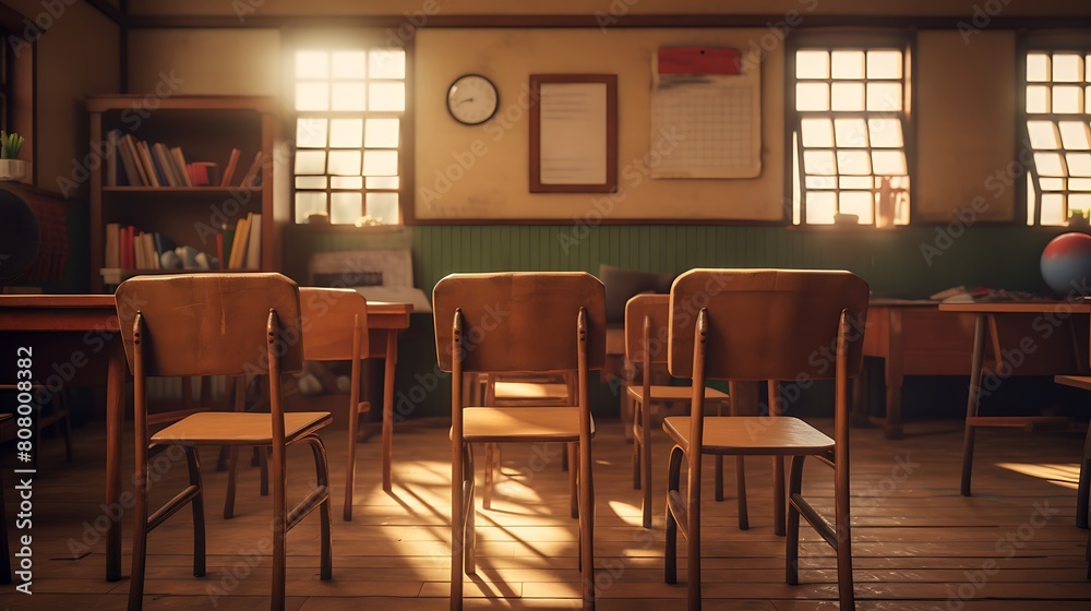 A vintage wooden school chair in a quaint classroom, evoking memories of childhood learning