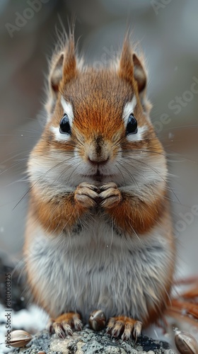 A chipmunk stuffing its cheeks with seeds, preparing for winter. © Gefo