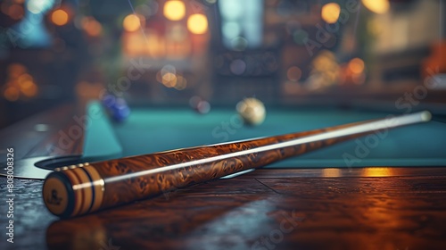 A closeup of Billiards Cue stick, against Table as background, hyperrealistic sports accessory photography, copy space