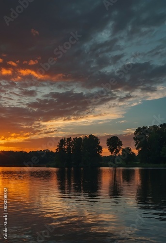 Sunset over the lake with clouds reflected in the water. Beautiful summer landscape.