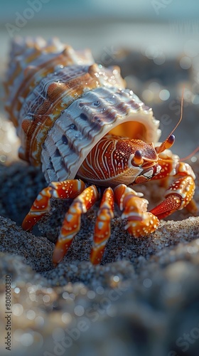 A hermit crab selecting a new shell  a mobile home on sandy shores.