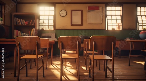 A vintage wooden school chair in a quaint classroom, evoking memories of childhood learning