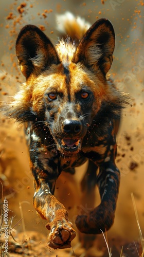 African wild dogs hunting, dynamic chase, dust and action.