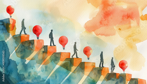 A painting of people carrying red balloons up a staircase photo
