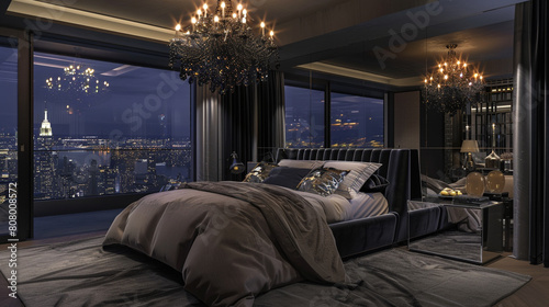 A penthouse bedroom that epitomizes dark glamour, with a striking black crystal chandelier, a bed adorned with high-end linens, and a sleek, mirrored nightstand.