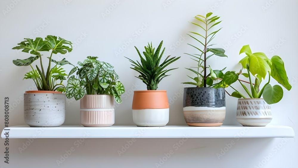 Exotic houseplants in ceramic pots displayed on a white shelf against a white wall. Concept Houseplants, Ceramic Pots, Shelf Decor, Indoor Gardening, Home Decor