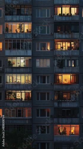 Apartment windows lit up, lives glimpsed from afar â€“ Urban tapestry.