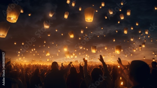 Sky Lantern Release During Cultural Nighttime Celebration photo