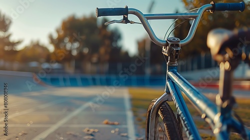 A closeup of BMX bike, against Track as background, hyperrealistic sports accessory photography, copy space