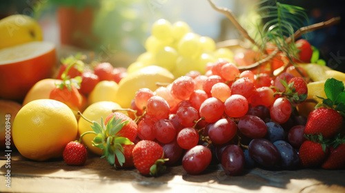 Assorted summer fruits  grapes  apples  and citrus  natural sunlight background