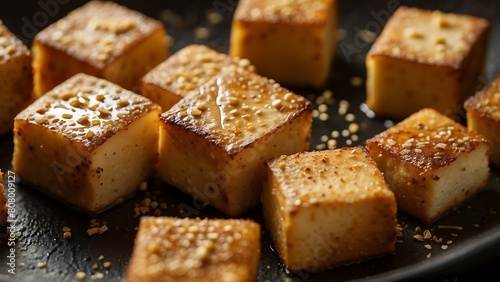 Tofu with sesame seeds in a pan, closeup