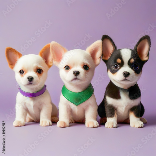 Three puppies in a row on a purple background