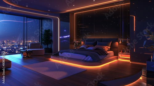 A penthouse bedroom that serves as a dark oasis in the sky  with a color scheme inspired by the night. 