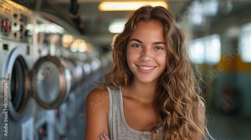 Portrait of a smiling young woman in a laundromat. © muji