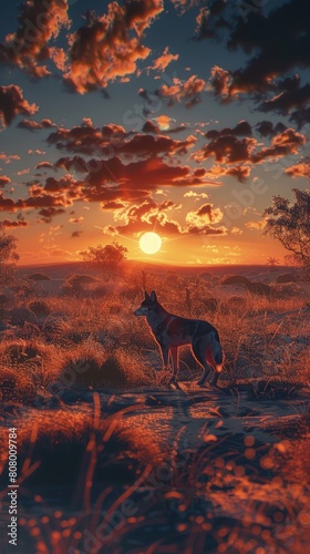 Dingo on Australian outback  sunset  lone figure  stark landscape.