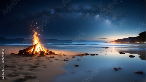 A peaceful beach at night, with a bonfire crackling on the shore and the sound of waves lulling you into a state of relaxation. The stars are reflected on the calm waters, creating a beautiful 