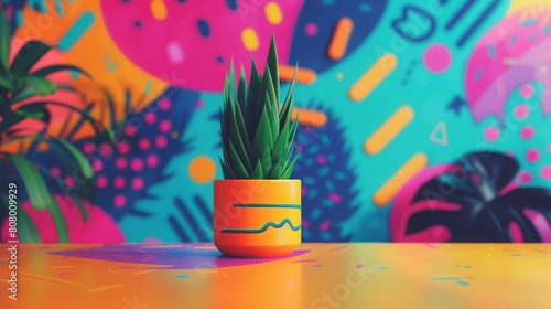 A beautifuly potted plant sits on a table against a colorful backdrop. photo