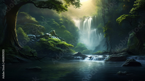Fast waterfall glowing under sunlight rays near big forest trees and mountain river or lake. Beauty of nature concept