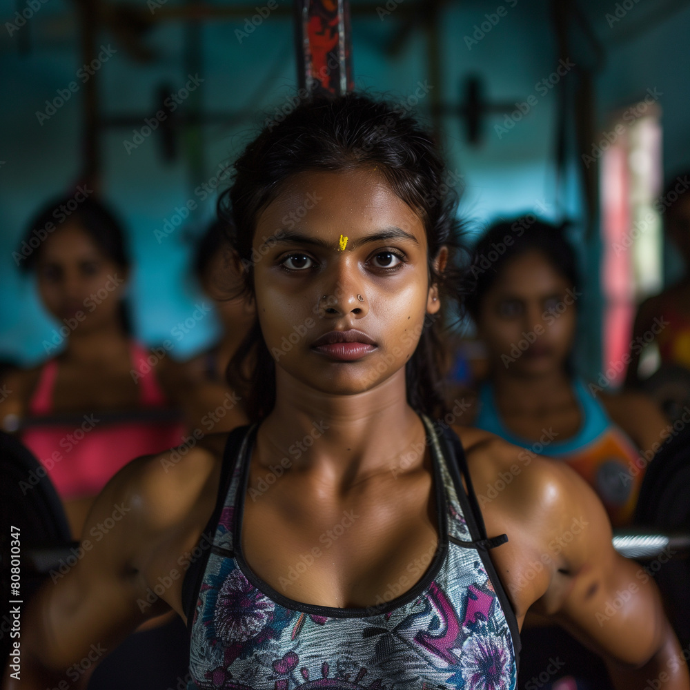 Photographic image of South Indian woman getting ready to strength train, intense motivated expression, brightly coloured