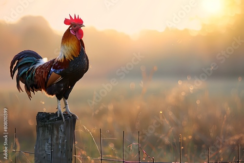 A proud rooster perched on a fence post crows loudly at the break of dawn its scarlet comb glowing red in the first rays of sunlight photo