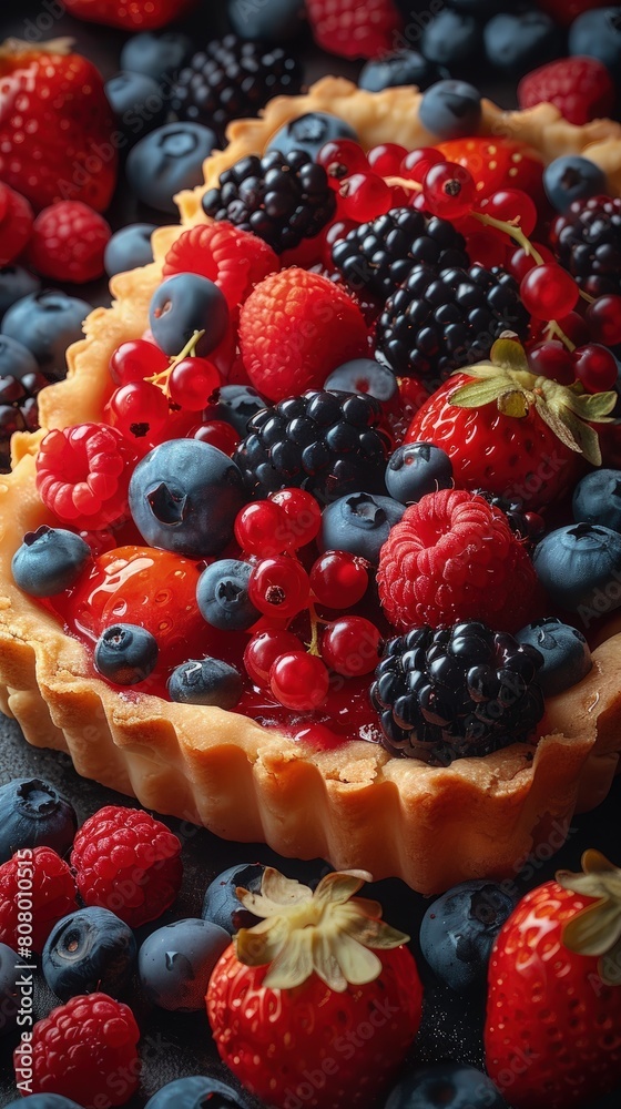 Fruit tart, vibrant berries, shiny glaze, buttery crust. Fruit tart, vibrant berries, shiny glaze, buttery crust.