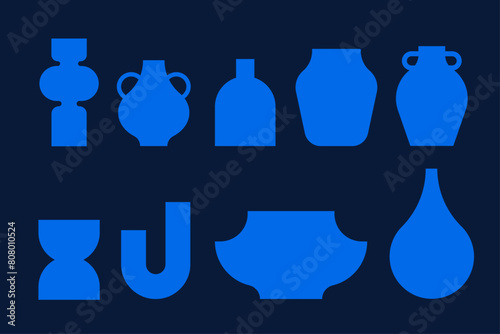 Silhouette set of blue pottery and vases