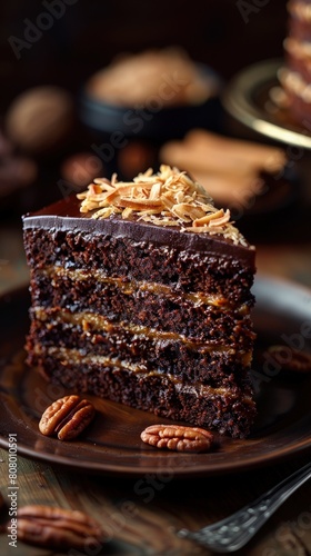 German chocolate cake  coconut pecan frosting  rich layers.