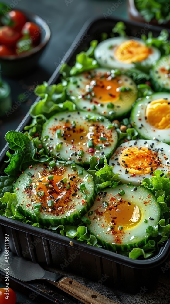 Keto lunch box, cucumber salad, hard-boiled eggs, workday meal.