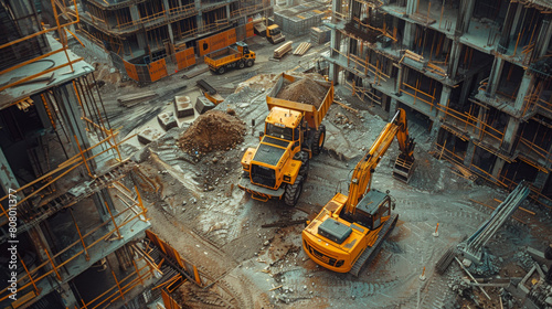 A construction site with two yellow dump trucks and a yellow excavator