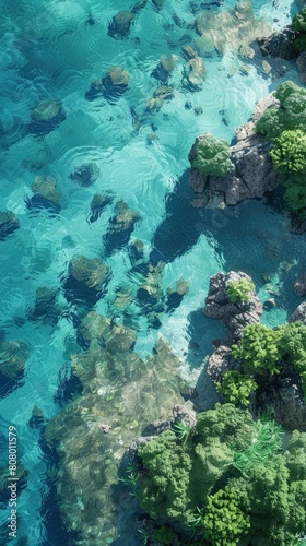 Marine sanctuary aerial view  coral reefs  clear water  protected area.