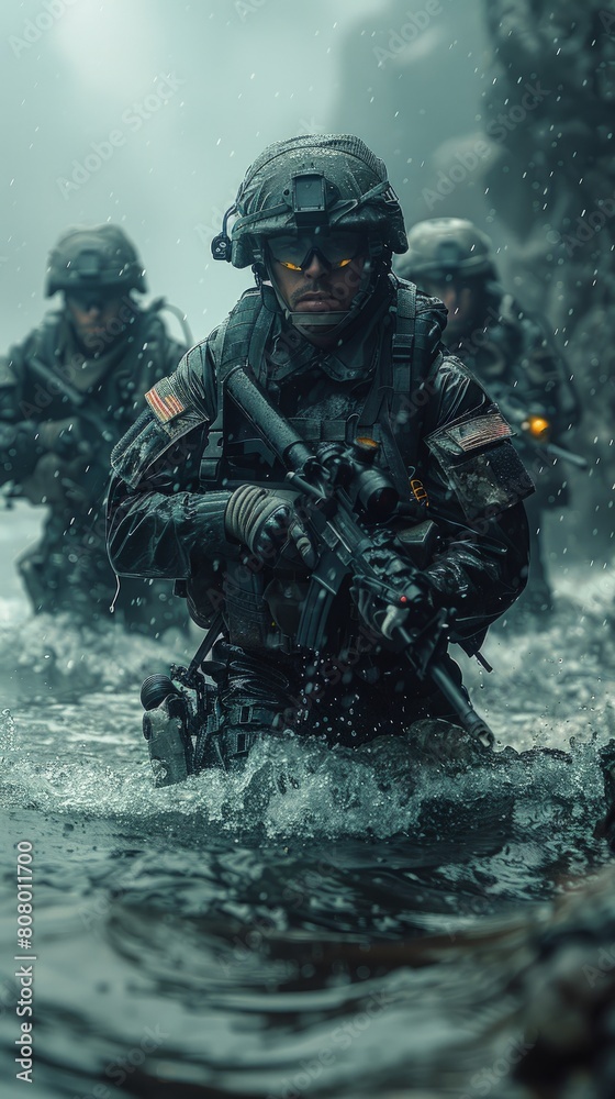 Military amphibious landing exercise, coordinated and precise, beach assault.