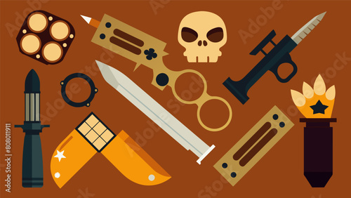 A display of various weapons from knives to brass knuckles showcases the physical intimidation tactics used by some..